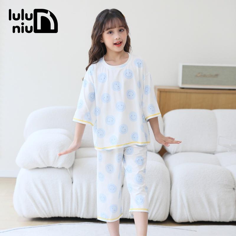 子供用パジャマ 女児 親子 ペア 七分袖 ホームウェア 上下セット 薄手 綿100％ 8歳以上 ブルー系 ピンク系 110cm 120cm 130cm 140cm 150cm 160cm 170cm(x3)