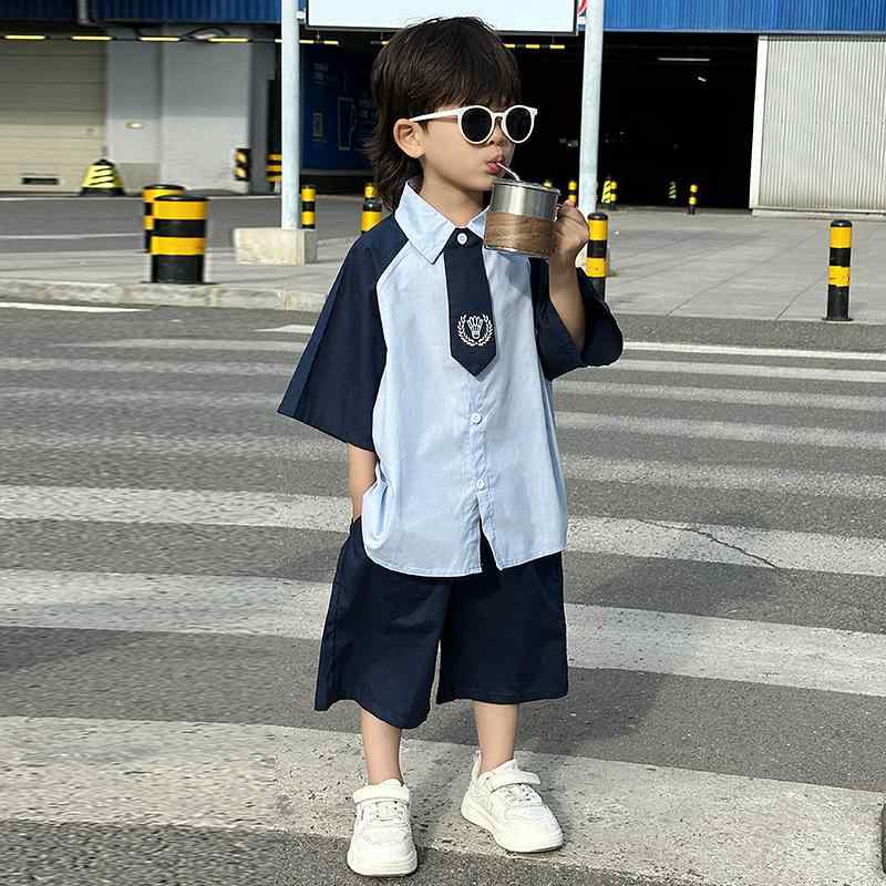 シャツ キッズ 男の子 半袖シャツ ショートパンツ 2点 セットアップ 子供服 学院風 薄手 通気性 涼しい 普段着 おしゃれ着 ブルー系