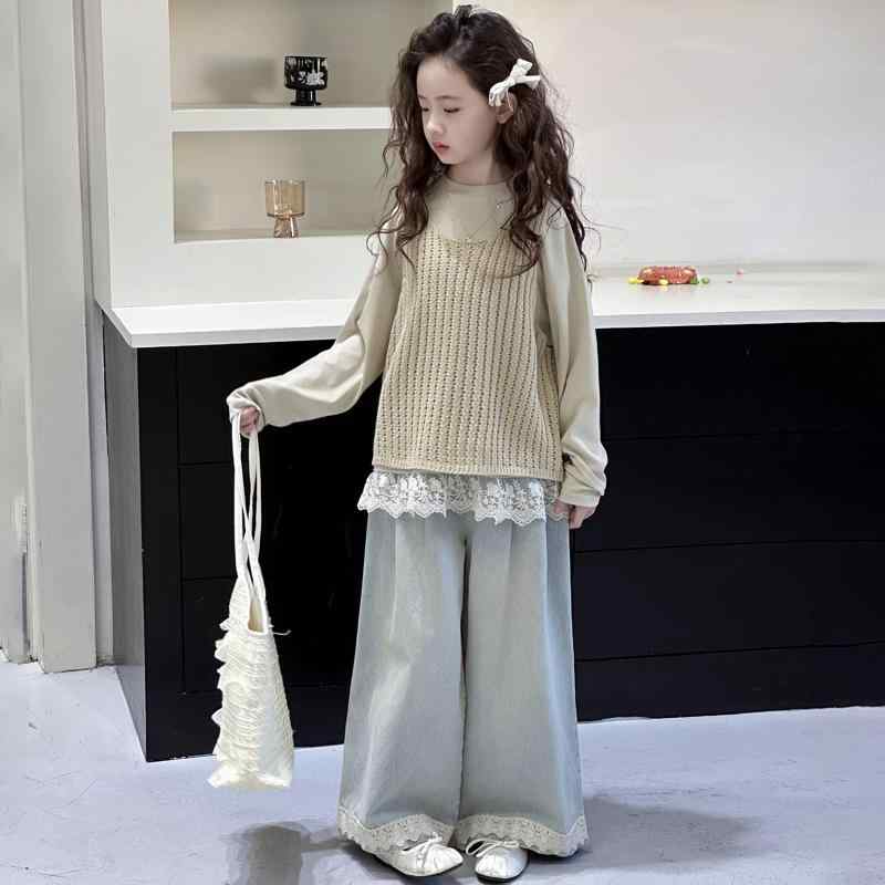 子供服 ニットベスト 3点セット 女の子 春物 パンツセット かわいい 森ガール風 長袖トップス デニムパンツ 普段着 通学着 ガールズ 上下セット 120cm 130cm 140cm 150cm 160cm 170cm