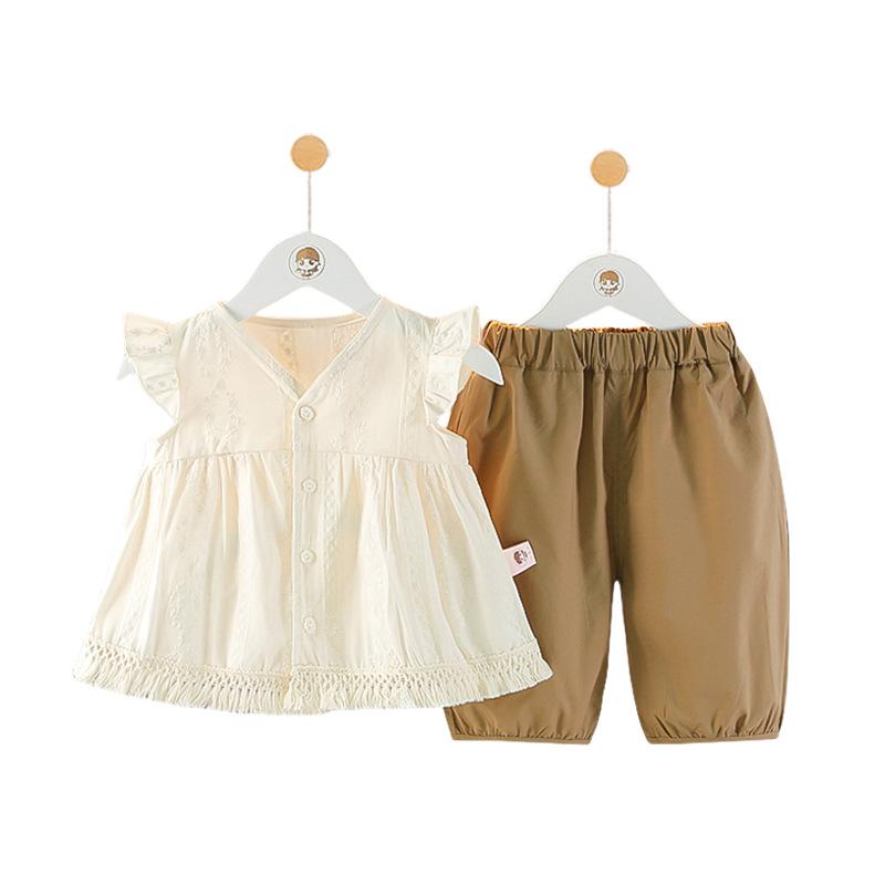 ベビー服 女の子 パンツセット 2点セット 綿100％ 幼児 子供 夏服 チョコレート色 無地 薄手 73CM 80cm 90cm 100cm 110cm