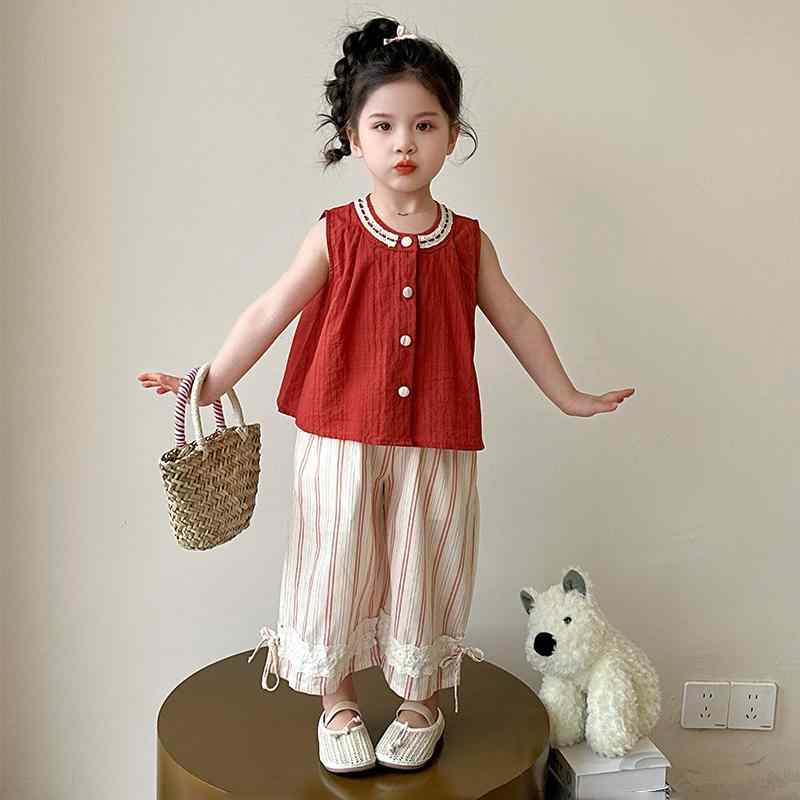 子供用タンクトップ & ストライプパンツ セットアップ 女の子 夏物 韓国風 上下2点セット コットン混紡 薄手 赤色トップス 9分丈パンツ 普段着