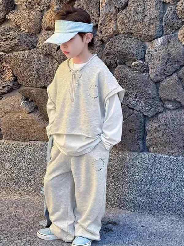 キッズ ボーイズ ジャージ 上下セット 3点セット 春秋 運動着 男の子 子供服 中学生 長袖 ポリエステル 普段着 グレー