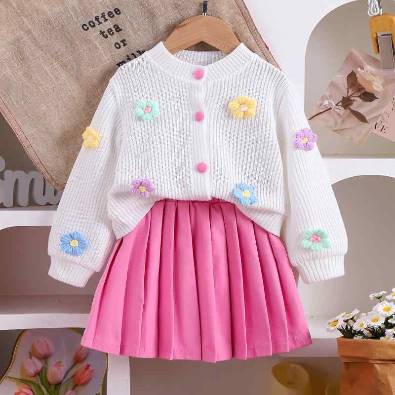 子供服 ニット 長袖 カーディガン&プリーツスカート セットアップ 女の子 幼児 花柄 欧美風 かわいい 秋冬 白色 4Y 5Y 6Y 7Y