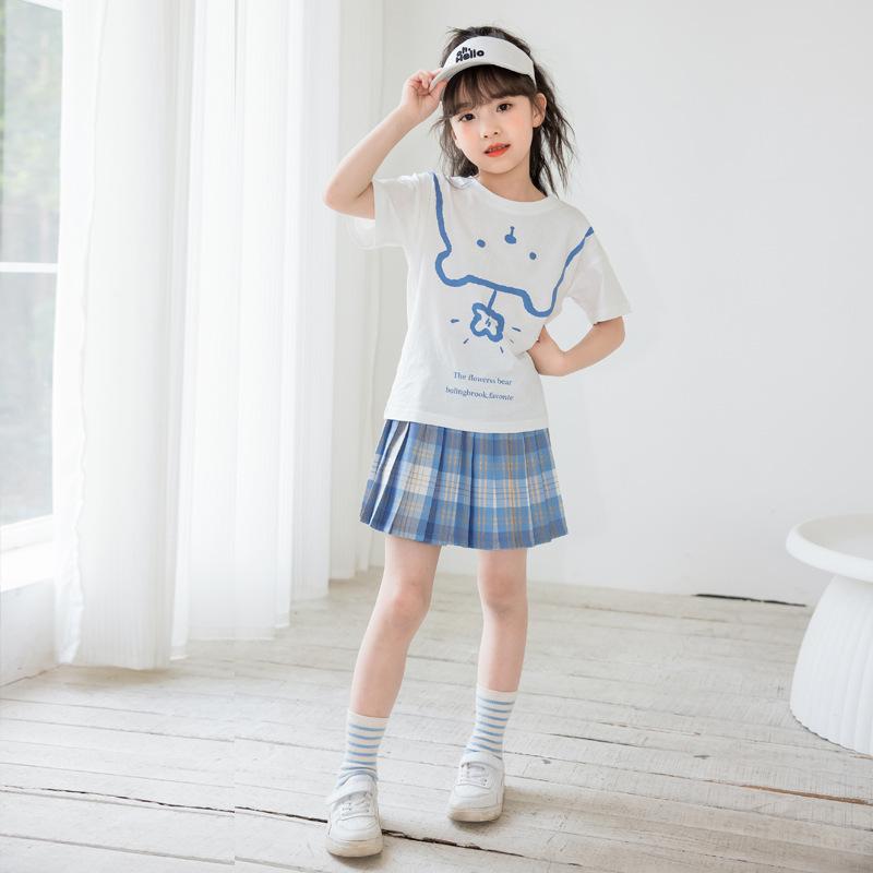 子供服 JKスカートセット 半袖Tシャツ チェック柄プリーツスカート 2点セット ガールズ 女の子 春夏 綿95% 薄青 120cm 130cm 140cm 150cm 160cm 165cm
