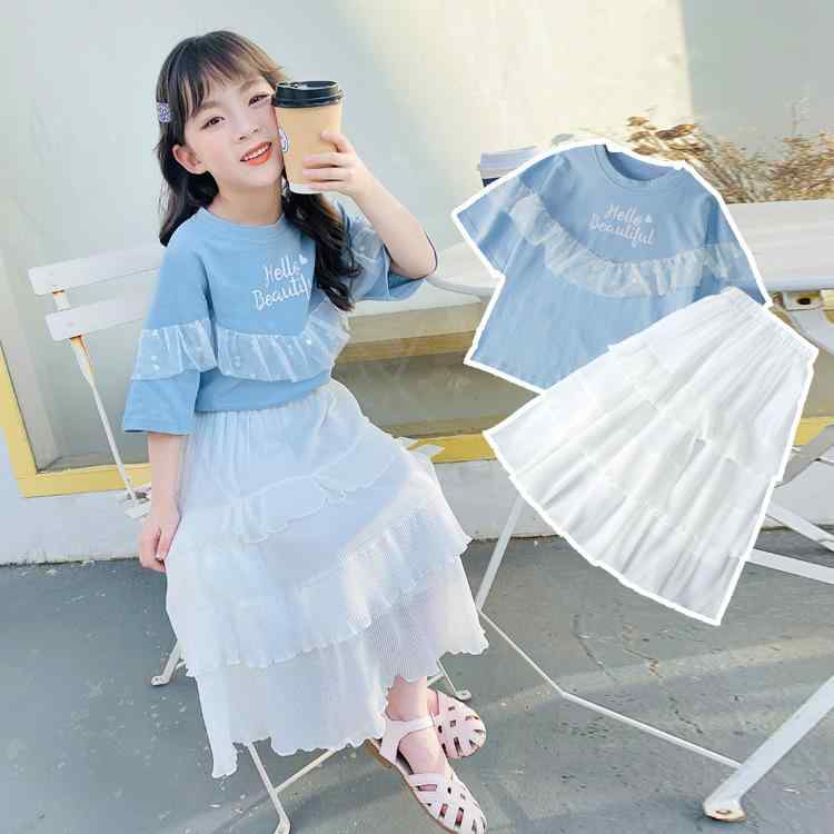 子供用セットアップ 半袖トップスとスカートの2点セット 女の子 ガールズ 夏物 薄手 綿100% ブルー ホワイト 中 крупная 女の子 キッズ 普段着 かわいい 通園 通学