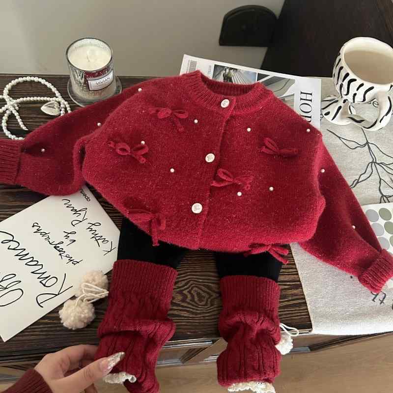 子供服 女の子 ニット カーディガン 裏起毛レギンス 2点セットアップ 冬物 無地 80 90 100 110 120 130 140 150cm