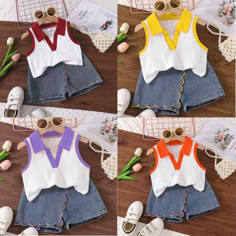 子供服 女の子 ノースリーブトップス デニムスカート パンツ セットアップ 夏 95%ポリエステル 花柄レース 100 110 120 130