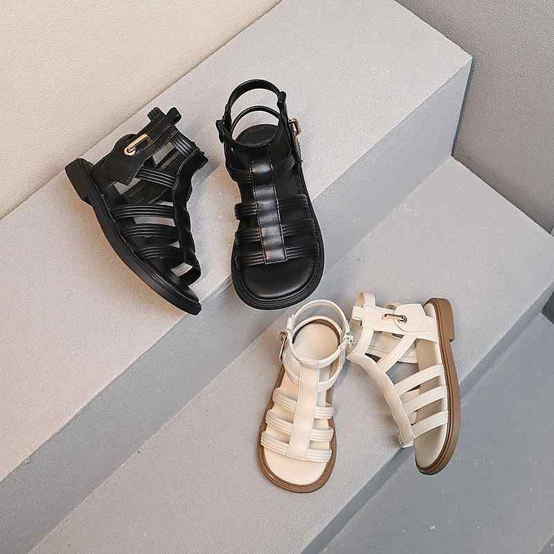 靴 キッズ 女の子 ローマサンダル メッシュ ビーチサンダル サイドジップ ミドル丈 ブラック 黒 アイボ..