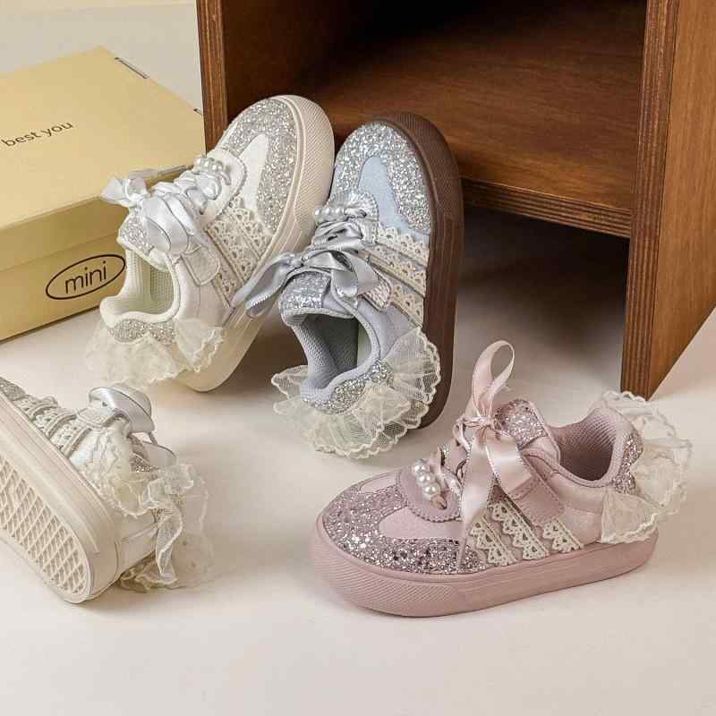 スニーカー キッズ 女の子 子供靴 プリンセス風 カジュアルシューズ パール スパンコール チュールスカ..