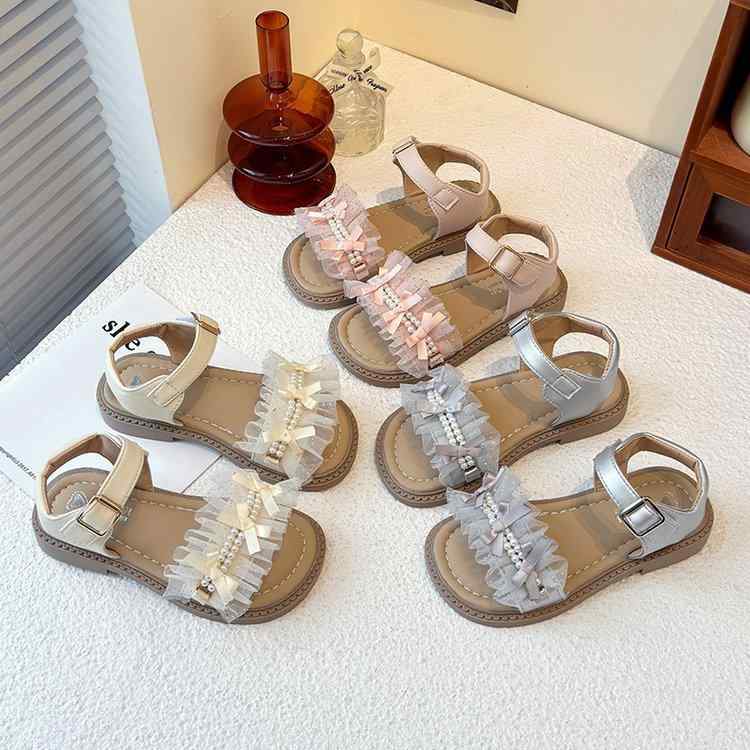 サンダル キッズ 女の子 レース パール プリンセスシューズ ベビー シューズ 滑り止め 超繊皮 ゴム底 ..