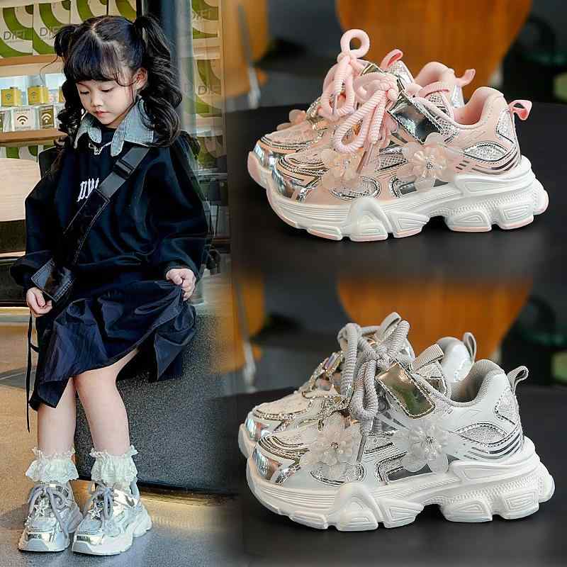靴 キッズ スニーカー 女の子 子供靴 カジュアル スポーツ シューズ 中学生 小学生 運動靴 通学履き 滑り止め 軽量 ピンク シルバー 春秋