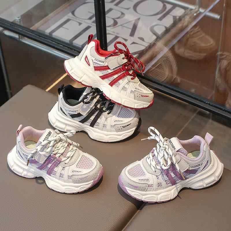 スニーカー キッズ 子供 男女兼用 運動靴 厚底 ダッドスニーカー レトロ 軽量 滑り止め 春秋 黒 ブラッ..