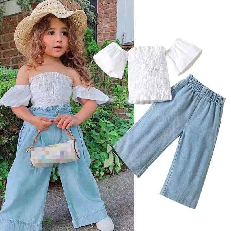 子供服 パンツセット 2点セット：トップス デニムワイドパンツ 夏物 半袖 コットン 無地 普段着 おしゃれ着 女の子 90cm 100cm 110cm 120cm 130cm