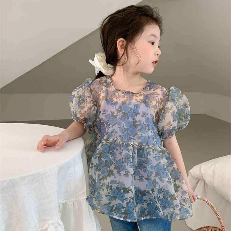 子供用セットアップ ガールズ 2点セット 夏物 韓国風 トップス キャミソール 子供服 ファッション メッシュ パフスリーブ 薄手 90cm 100cm 110cm 120cm 130cm 140cm 150cm