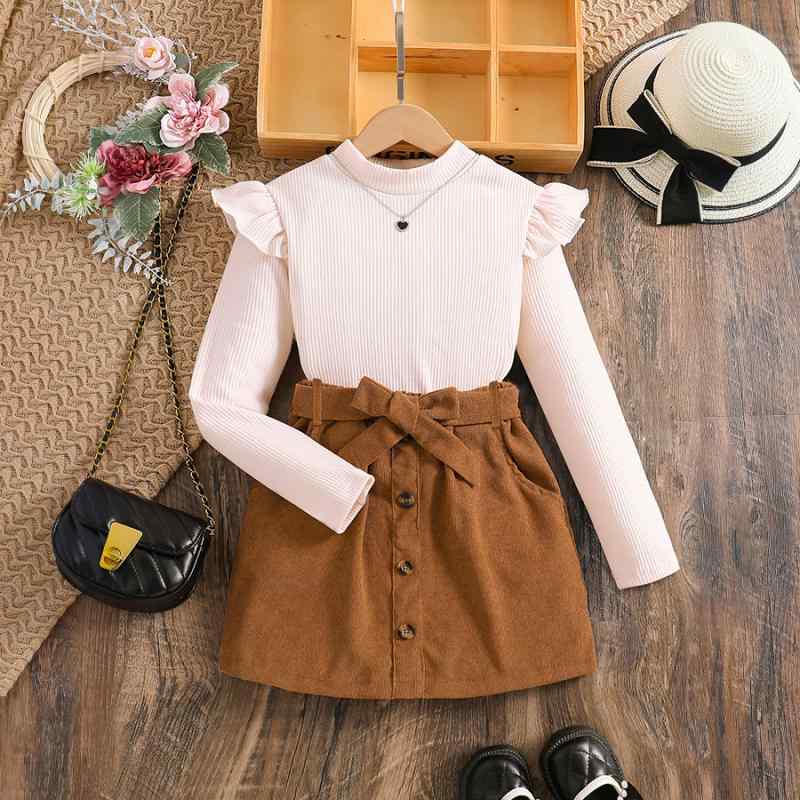 子供用セットアップ 小飛袖高領トップス コーデュロイ スカート ガールズ 米白色 チョコレート色 春秋