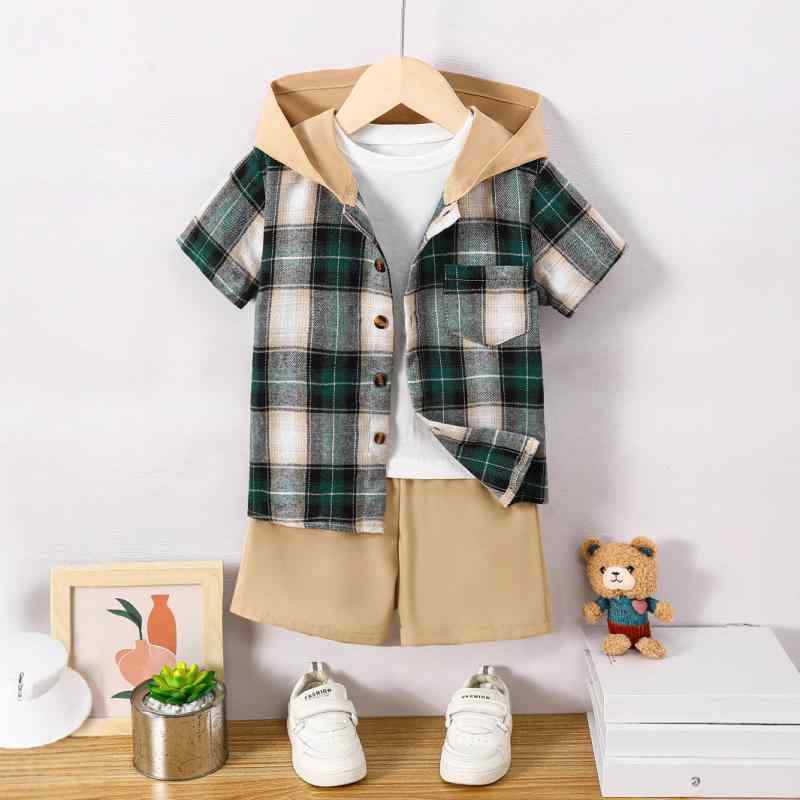 キッズ 男の子用 半袖シャツ ショートパンツ 2点セット チェック柄 カジュアル ベージュ系 子供服