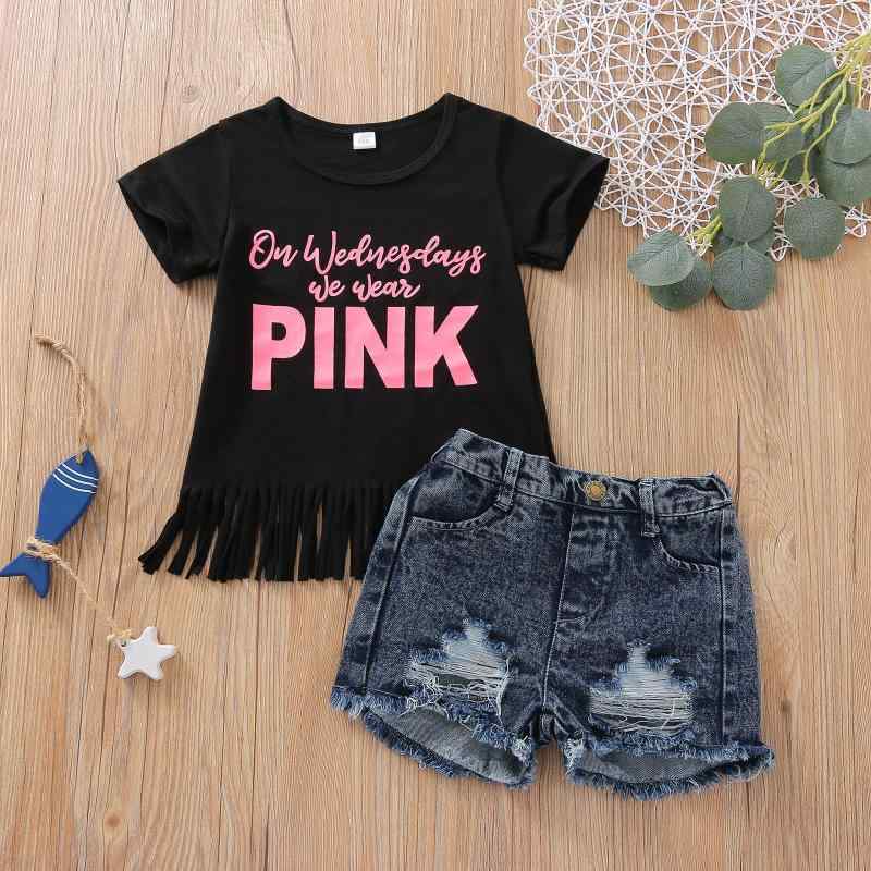 子供服 パンツセットアップ 女の子 Tシャツ デニムショートパンツ 2点セット 英字柄 ブラック 120cm 130cm カジュアル 普段着