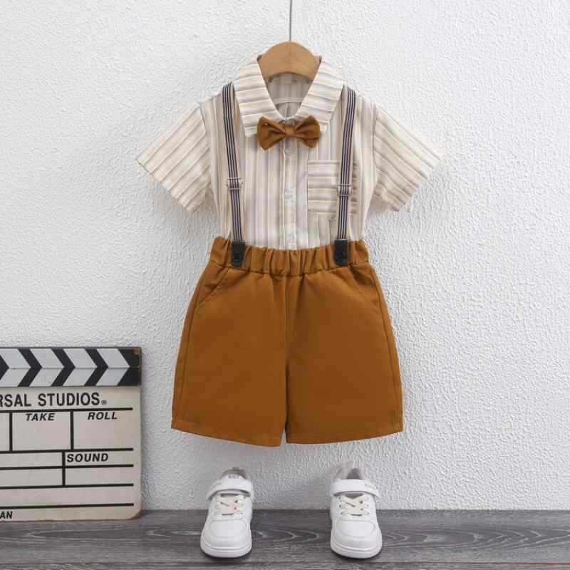 子供用フォーマルウェア 男の子用半袖シャツ&ショーツセット 夏用サスペンダー付きパンツ かわいい子供用スーツ 結婚式 発表会 イベント 短パン トップス 上下セット