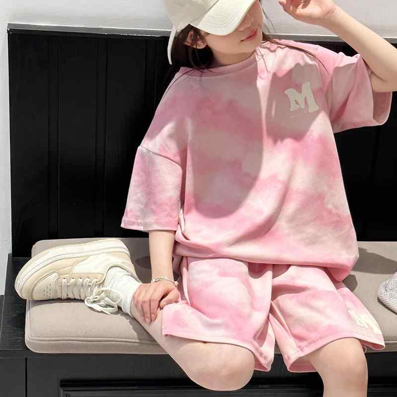 キッズ パンツ セットアップ 女の子 子供服 夏物 半袖 短パン 2点 薄手 120cm 130cm 140cm 150cm 160cm 170cm ピンク系 かわいい カジュアル 普段着 部屋着