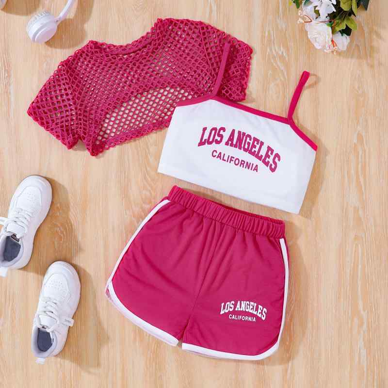 子供用タンクトップ セットアップ スポーツウェア風 メッシュトップス付き ガールズ 3点セット 橙色 ピンク系 グリーン アルファベット柄 ポリエステル素材