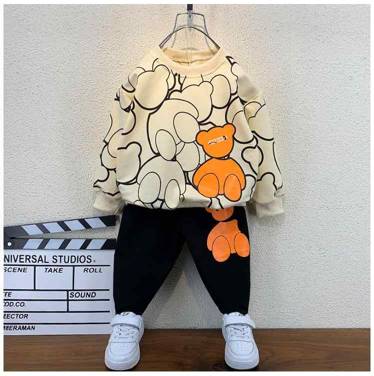 キッズ ボーイズ スウェット セットアップ 長袖 トレーナー ロングパンツ 子供服 ジャージ 2点セット ポリエステル 普段着 部屋着 かわいい アニマルプリント ブラック系 オフホワイト系(x2)