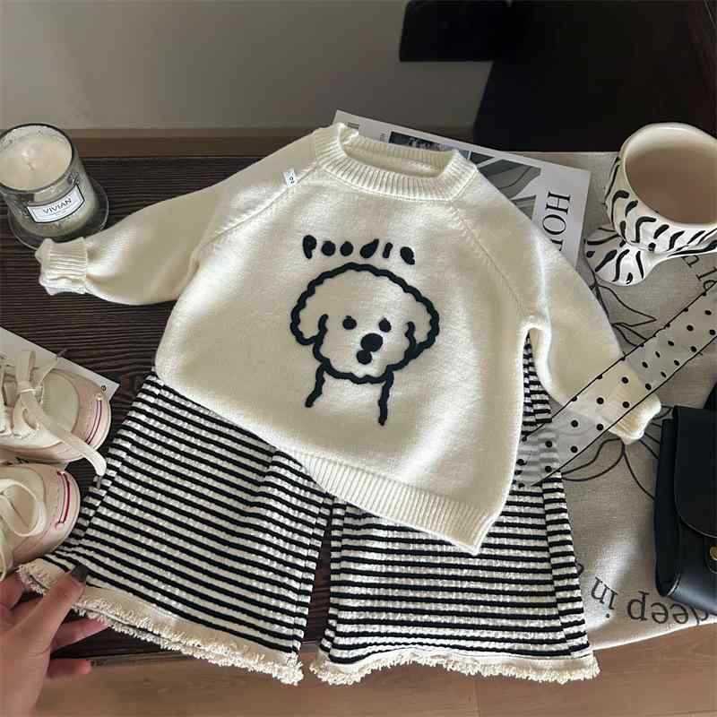 子供用ニットセーターセットアップ 女の子 ストライプニット ズボン 上下セット かわいい犬柄 秋物 80cm 90cm 100cm 110cm 120cm 130cm 140cm