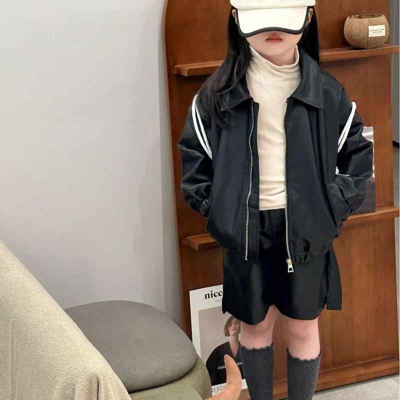 子供用セットアップ キッズ服 女の子 長袖PUレザージャケット ショーパン 2点セット 春秋 普段着 かわいい 韓国 ブラック 黒系