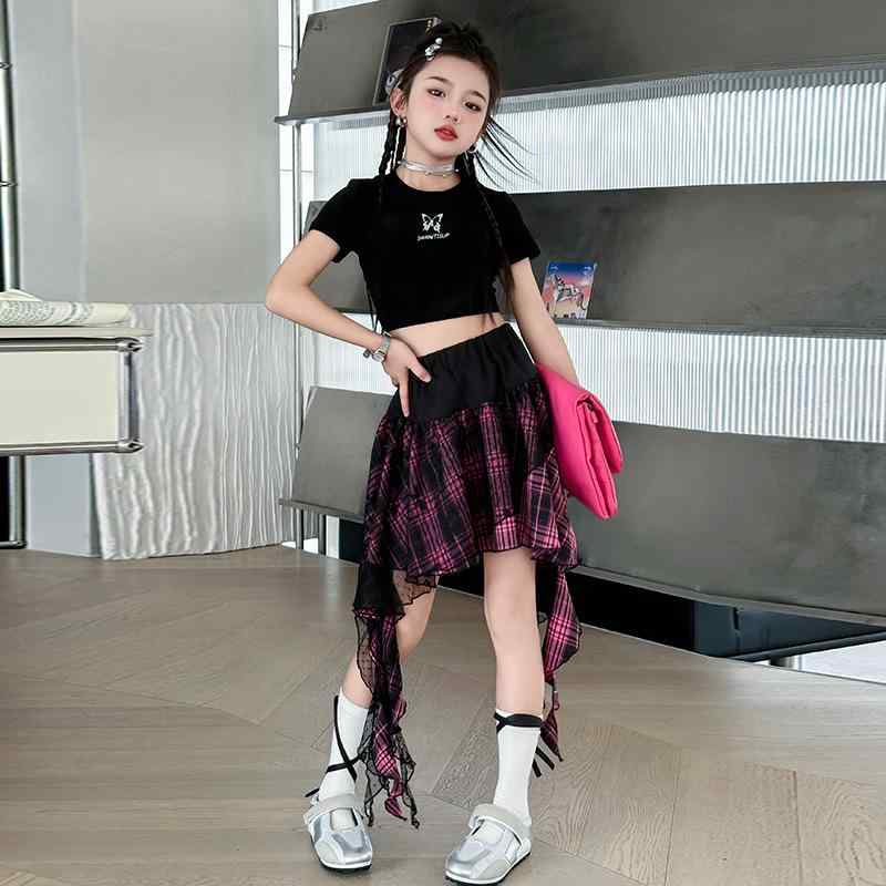 Tシャツ キッズ 女の子 半袖 へそ出し トップス パンツ 上下 2点セット ダンス ジャズダンス 発表会 練習着 レッスン着 薄手 綿 混紡 ブラック系