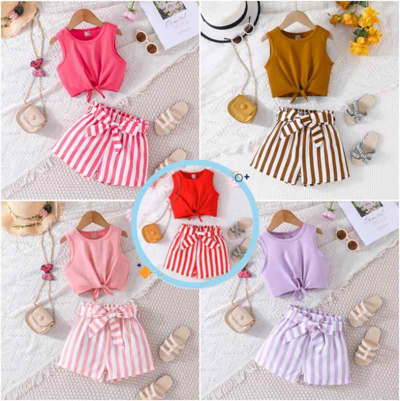 子供用セットアップ 女の子 夏物 ストライプ ショートパンツ ノースリーブ タンクトップ 上下セット 普段着 部屋着 ブラウン ピンク系 パープル系