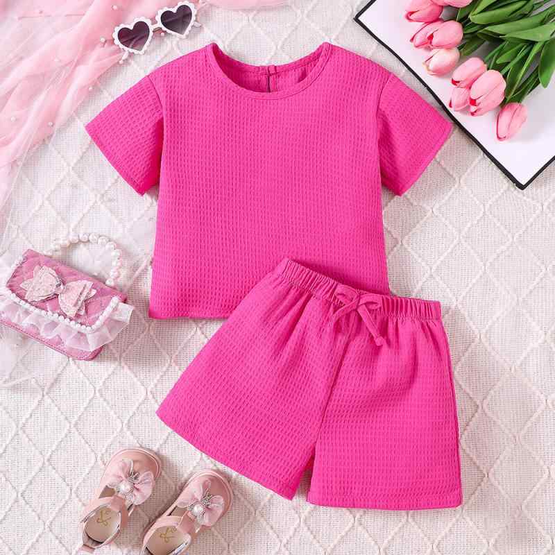 キッズ Tシャツ ショートパンツ 上下セット 女の子 子供服 ワッフル 接触冷感 ポリエステル ピンク系 カジュアル 春夏・性別: 女児・スタイル: カジュアル・セット内容: パンツ・対象年齢: 中小・対象身長: 100～140cm・素材: ポリエステル・素材構成: ポリエステル・カラー: マゼンタ・サイズ: 90cm, 100cm, 110cm, 120cm, 130cm・カテゴリー: 子供用セットアップ