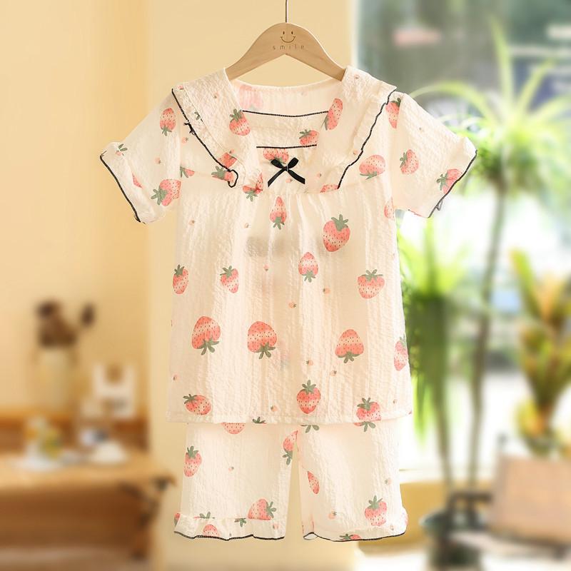 子供用パジャマ 半袖 夏 泡泡コットン 楊柳 かわいい 公主風 中大 キッズ 女の子 ベビー ルームウェア セットアップ 花柄 いちご柄 さくらんぼ柄 くま柄 薄手 吸湿速乾 涼しい