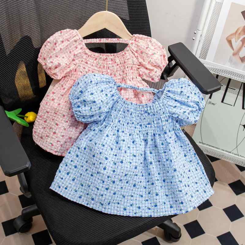 子供用ワンピース 女の子 半袖 花柄 Aライン コットン チュニック 薄手 おしゃれ かわいい パフスリーブ 夏 ピンク ブルー パープル 80cm 90cm 100cm 110cm 120cm 130cm