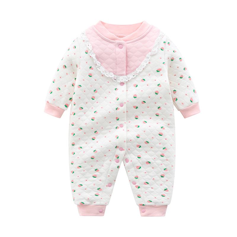 ロンパース ベビー服 秋冬 長袖 新生児 服 コットン 厚手 あったか 保温 女の子 かわいい いちご柄 59cm 66cm 73cm 80cm 90cm(x5)