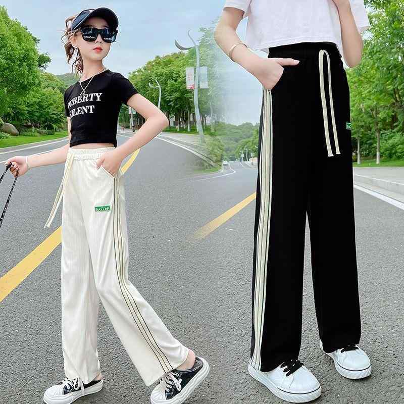 パンツ 女の子 子供 接触冷感 休闲 运动 ワイドレッグパンツ 薄手 ポリエステル 春夏 秋 ブラック 杏色