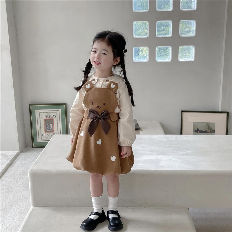 キッズ ワンピース セットアップ 春秋物 女の子 小花柄 刺繡 くま 長袖 ブラウス ジャンパースカート 2..