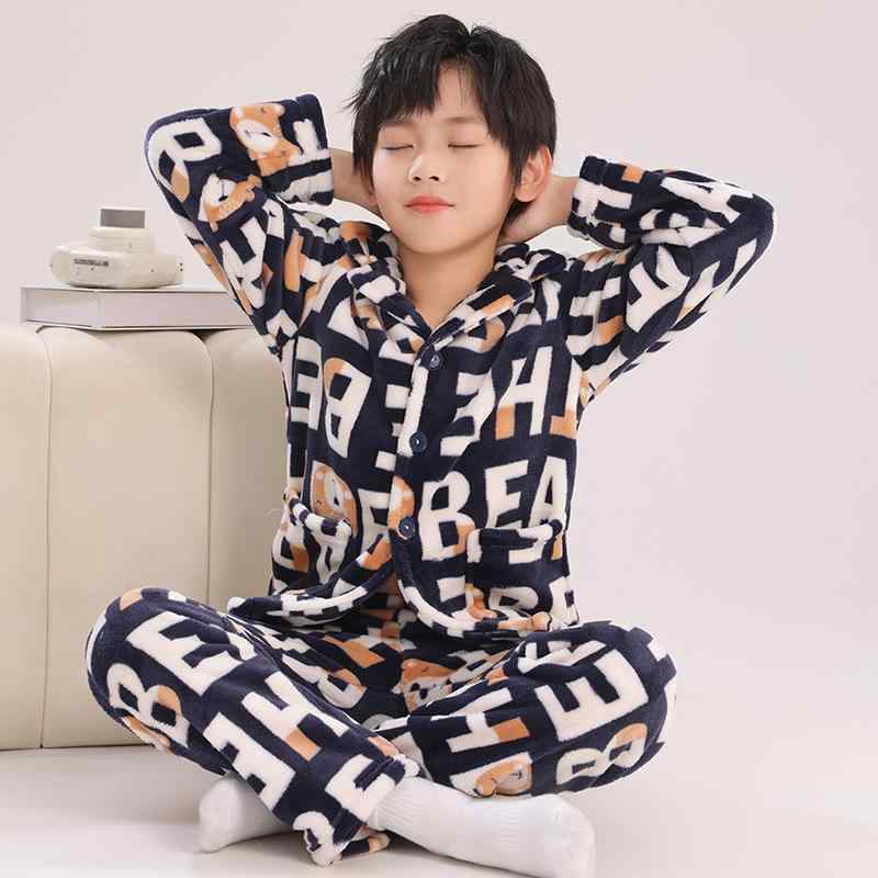 子供用パジャマ 上下セット フランネル 秋冬 男の子 女の子 厚手 暖かい ルームウェア かわいい アニマル ストライプ 格子柄 花柄 無地