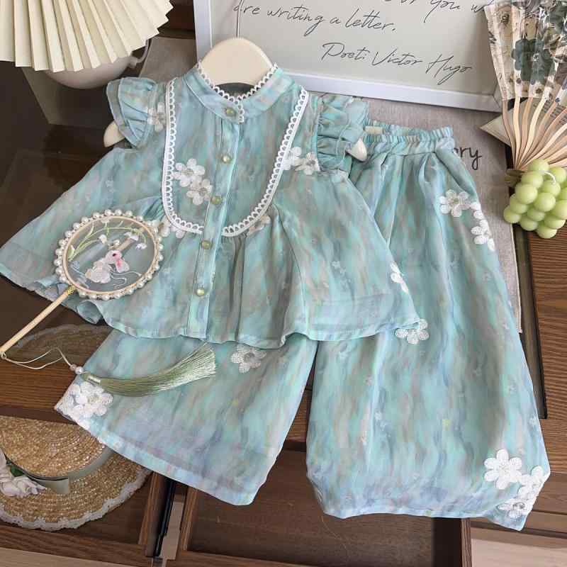 子供服 半袖トップスワイドパンツ2点セット ガールズ 夏物 国風 刺繍 ノースリーブ 9分丈パンツ B類 聚酯纖維 薄手 かわいい 公主風 90 100 110 120 130 140 150 グリーン