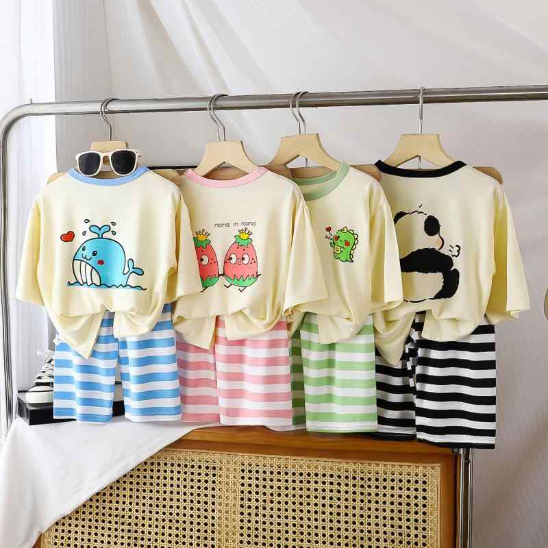 子供用パジャマ 上下セット 薄手 モダール 半袖 春夏 かわいい アニマル柄 ボーイズ ガールズ 吸湿速乾 接触冷感 部屋着 ルームウェア(x2)