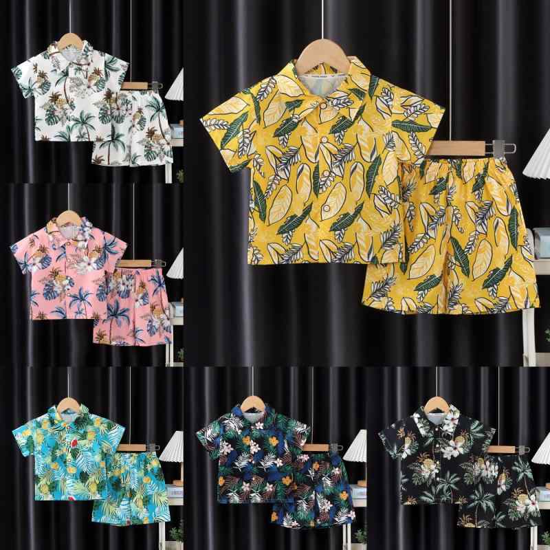 シャツ & 短パン キッズ 子供服 男の子 女の子 半袖 花柄 リゾート風 薄手 ポリエステル 黒 白 ピンク系 黄色 青 緑 80cm 90cm 100cm 110cm 120cm 130cm 140cm