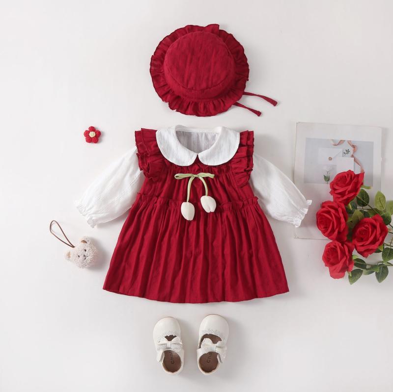 ワンピース 女の子 長袖 Aライン スカート 子供服 ベビー服 かわいい 綿 チュールスカート 66cm 73cm 80cm 90cm ゴールド ライトグリーン ダークレッド