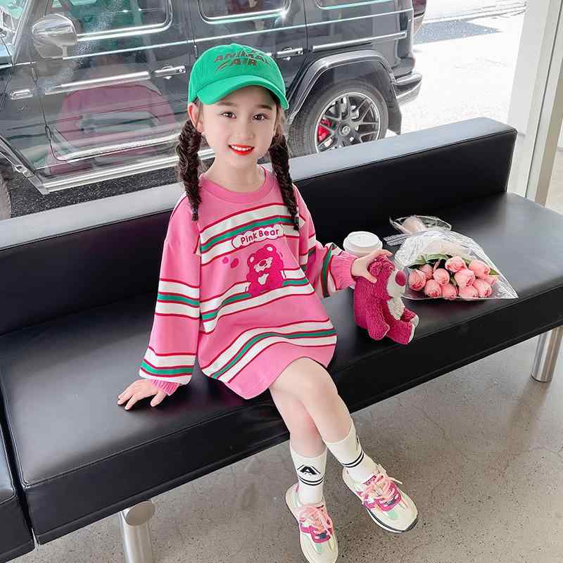 ワンピース キッズ 女の子 長袖 Tシャツ Aライン 春秋 かわいい 苺 ストライプ アニマル ポリエステル(x2)