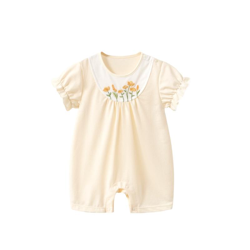 ロンパース ベビー 新生児 レディース 薄手 半袖 ショート丈 コットン混紡 カバーオール 部屋着 普段使い ピンク系 生成り・等級: A類・生地名称: 綿混紡・対象シーズン: 夏・対象年齢: 新生児(0~1歳.80cm以下)・性別: 女・袖丈: 半袖・連帽: なし・AQL検査基準: 2.5・針数: 12~14針/3cm・糸くず処理: 済・実物写真: モデルなし・厚さ: 薄手・主な生地の組成: モダール・主な生地の組成含有量: 43%・留め具: プルオーバー・スタイル: スウィート・デザイン: ショートロンパース・カラー: 米黄色.ピンク・対象身長: 59cm.66cm.73cm.80cm.90cm・製品カテゴリ: ロンパース