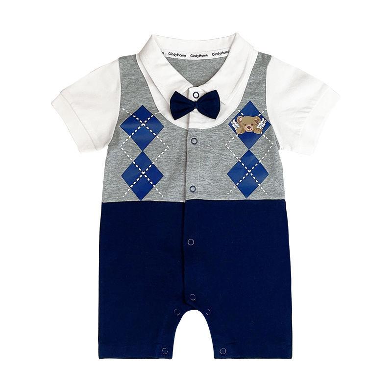 ベビー服 夏物 薄手 新生児 男の子 半袖 ロンパース かわいい 学院風 綿 カバーオール 66cm 80cm 90cm