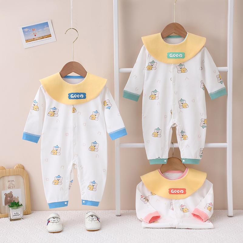 ベビー服 ロンパース カバーオール 春秋冬 長袖 綿 新生児 赤ちゃん 0歳 1歳 小熊 CHIP 小樹熊 青 黄色 ブルー ピンク系 オレンジ