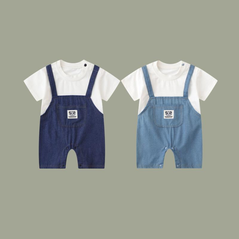 ベビー服 ロンパース 新生児 半袖 薄手 コットン 韓国 パンダ柄 カバーオール かわいい 春夏 中性 青 ブルー 66cm 73cm 80cm 90cm