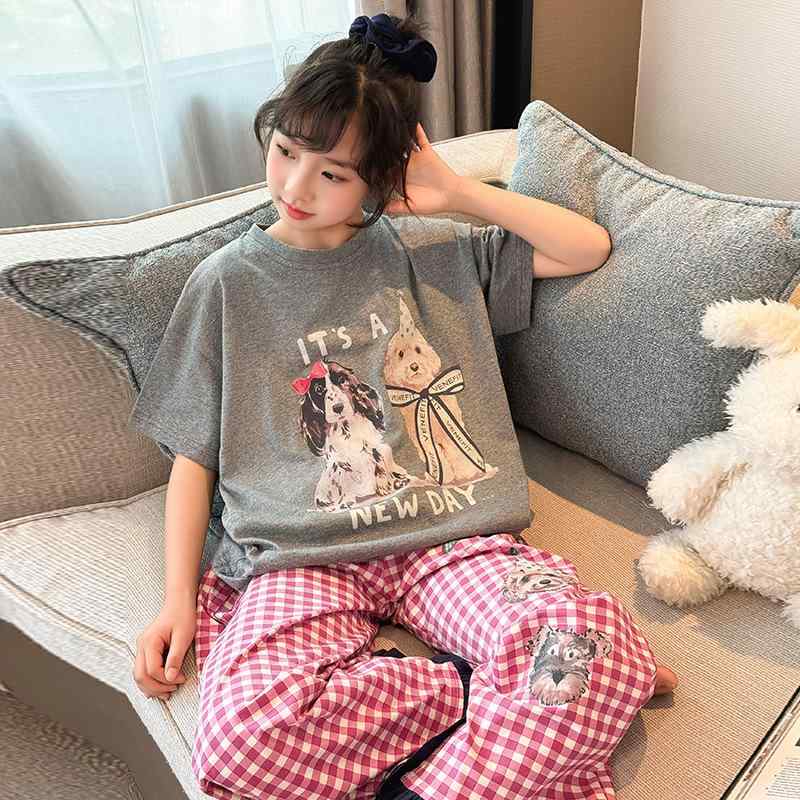 子供用パジャマ 女の子 半袖 短パン 上下2点セット 綿 格子柄 かわいい カジュアル ルームウェア 部屋..