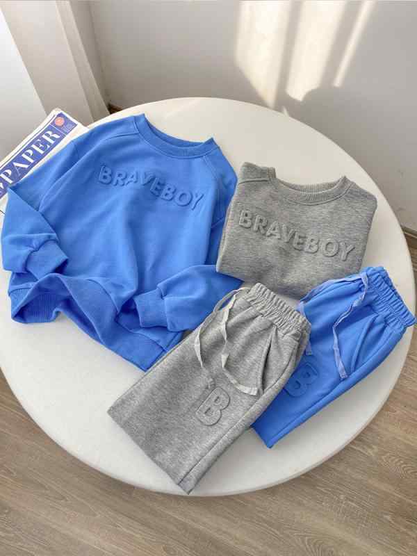 子供用ジャージ 上下セット 男の子 ニット スウェット パンツ 2点セット 春秋 スポーツ ウェア 中大童 140cm以上 ブル— グレー