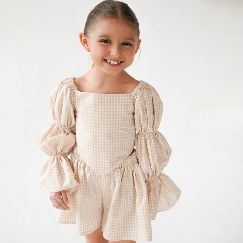 子供服 女の子 春夏 格子柄 トップス ショートパンツ 2点セット コットン 幼児 長袖 かわいい ガールズ..