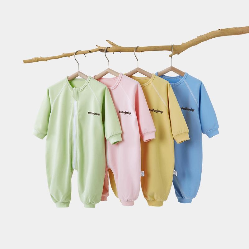ベビー服 ロンパース 長袖 カバーオール 前開き パジャマ 秋冬 暖か 分腿タイプ ポリエステル ピンク イエロー ブルー グリーン アイボリー(x2)
