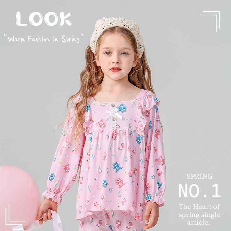 子供用パジャマ 春夏 薄手 長袖 長ズボン アセテート繊維 吸湿速乾 かわいい柄 女の子 キッズ ルームウ..